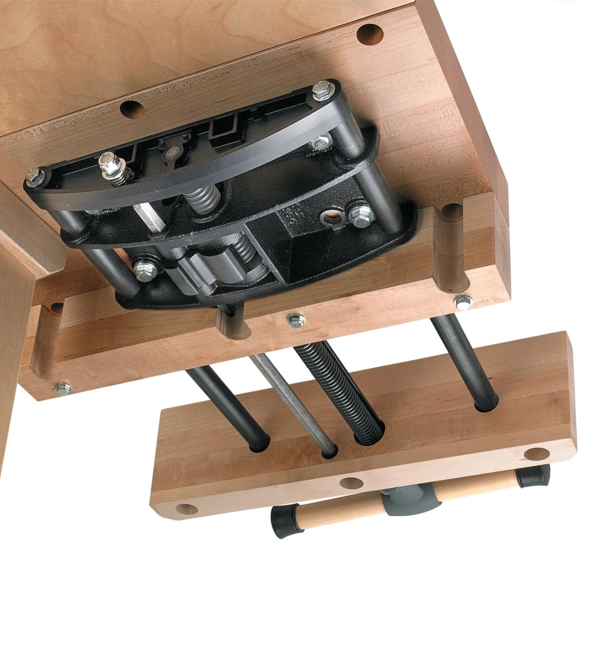 Underside view of vise installed in a workbench