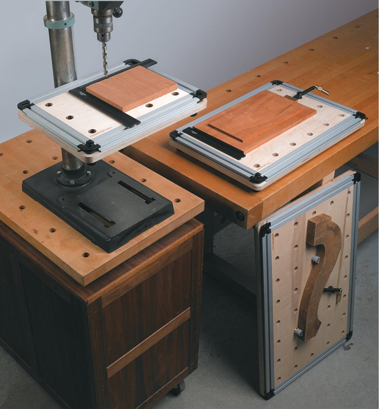 Veritas Worksurfaces used on a drill press table and on a workbench