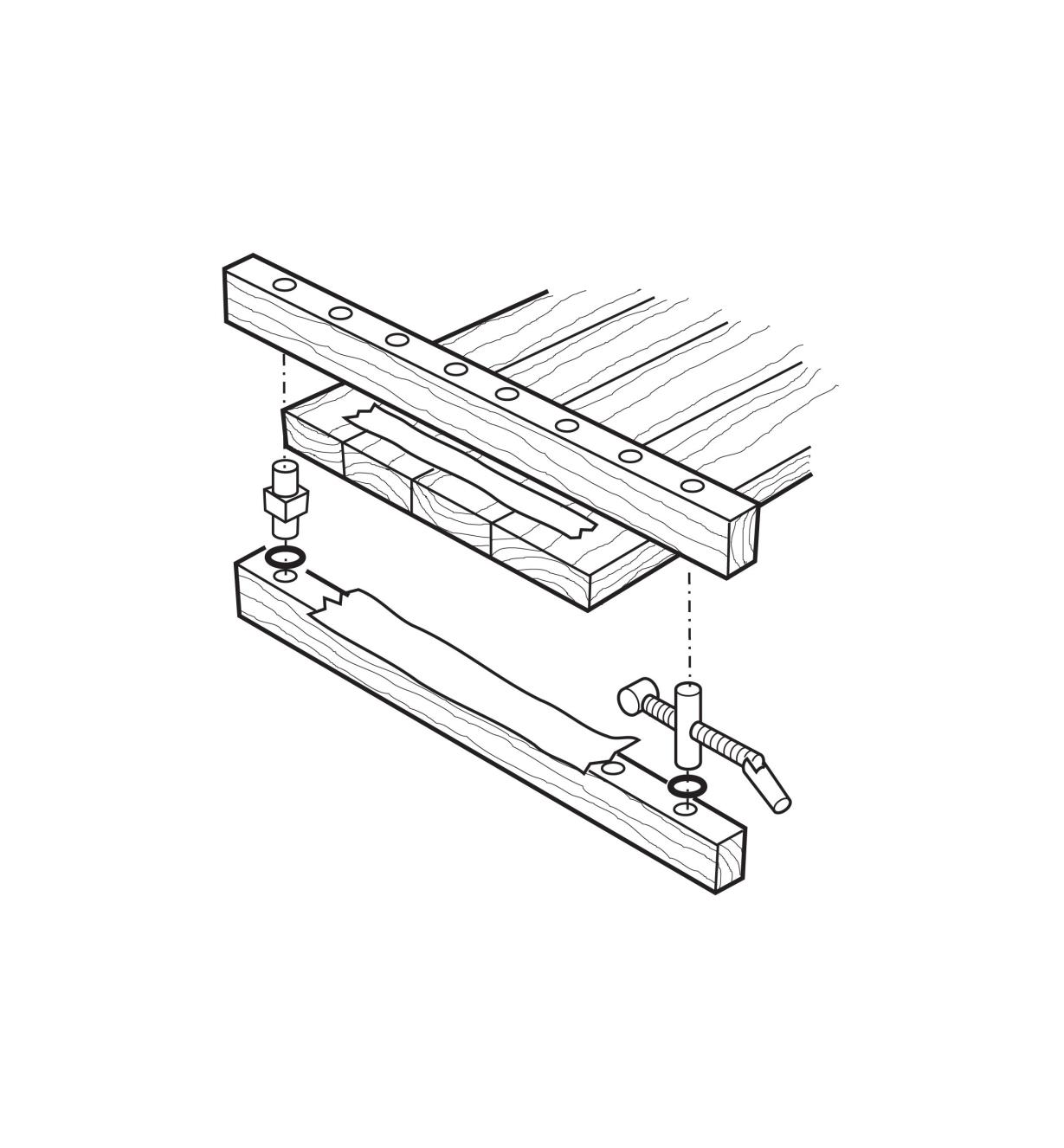 Exploded diagram shows how a panel clamp and two shop-made bars clamp a panel