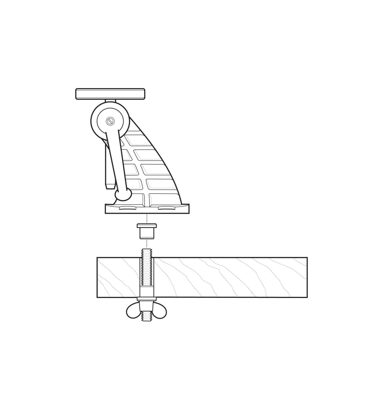 Illustration showing how to bolt the vise to a bench through a dog hole with the mounting plate horizontal