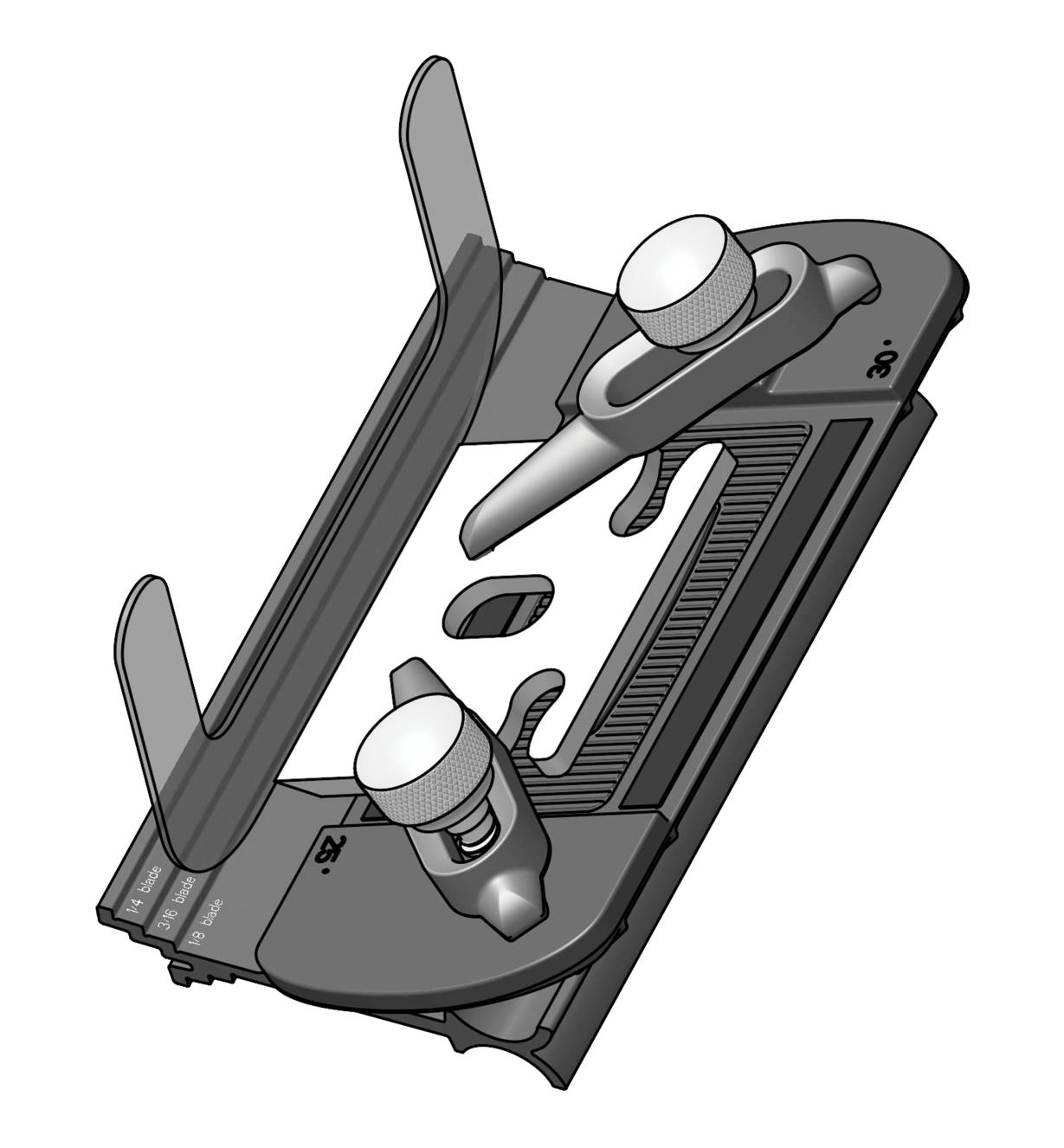Illustration du guide d'affûtage pour lames courtes Veritas avec une lame en position appuyée contre la cale sur le gabarit de réglage