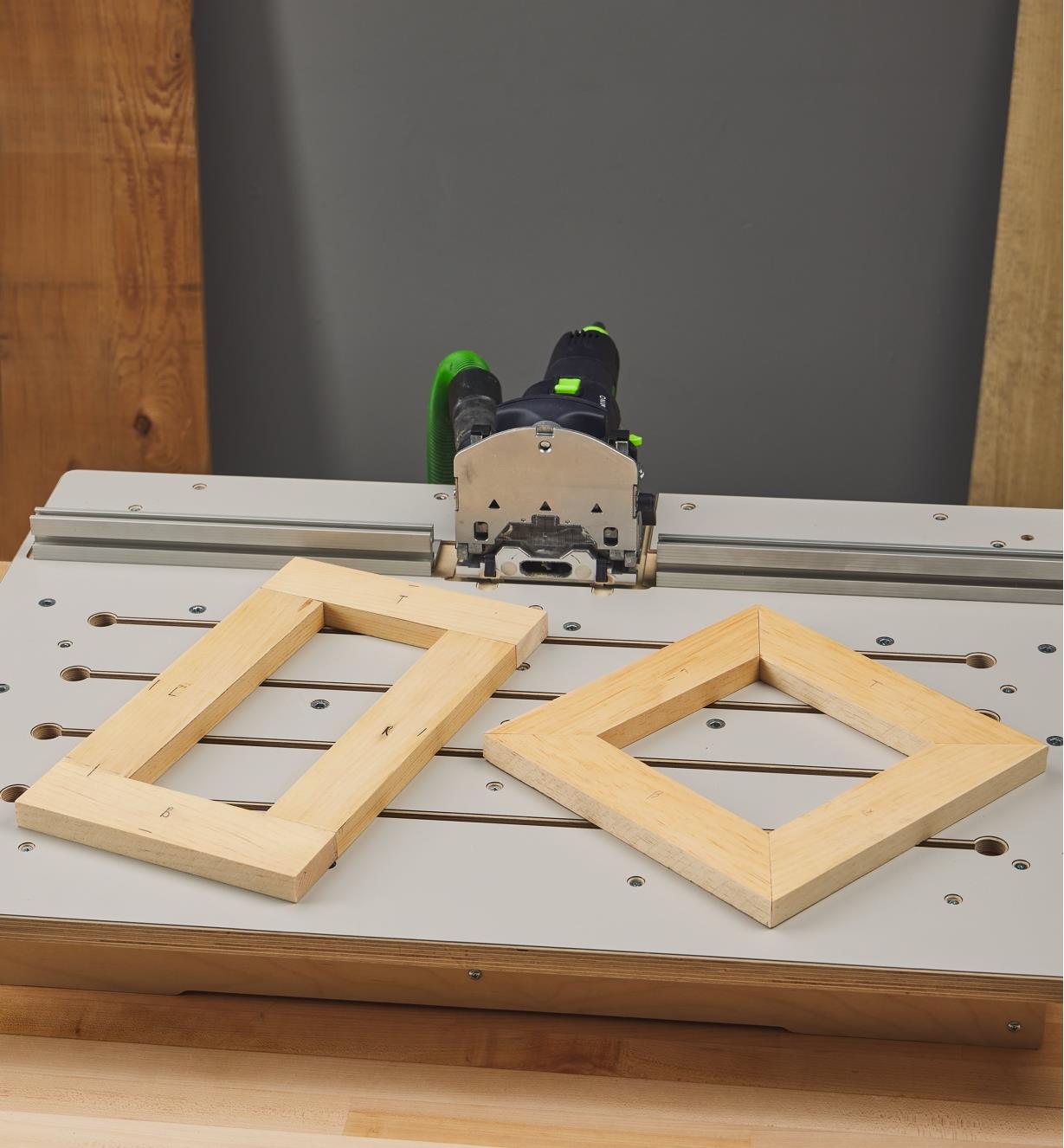 Two frames with butt and miter joints cut using a Domino joiner on a Veritas Domino joinery table